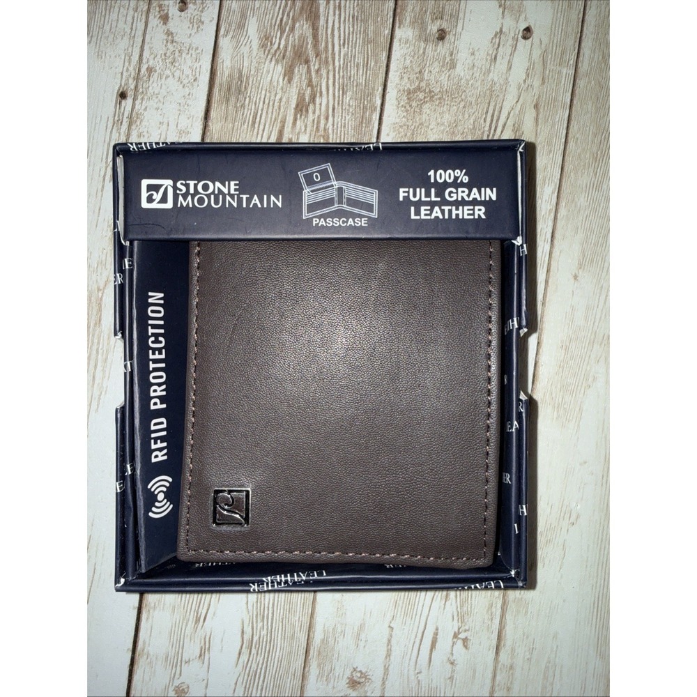 MEN'S STONE MOUNTAIN BROWN FULL GRAIN LEATHER WALLET NIB RFID PASSCASE